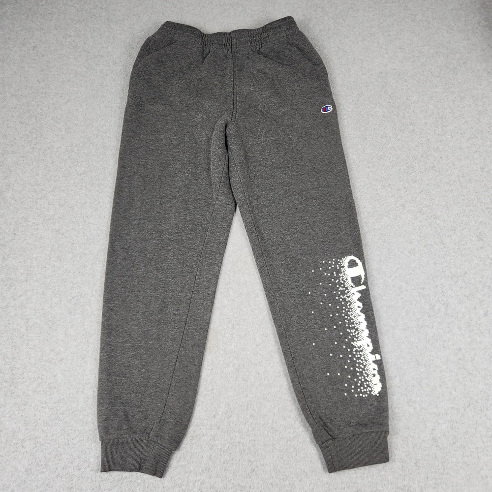 Champion Joggers Sweatpants Youth L Gray Graphic Logo Fleece Lined Elastic Waist